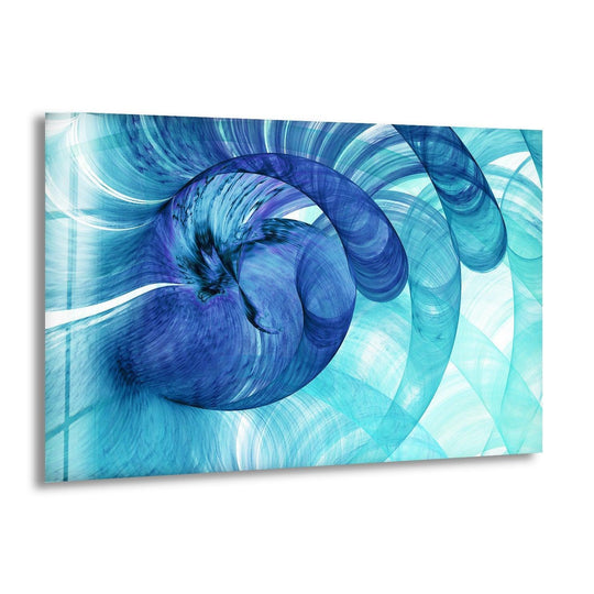 Abstract blue circles print wall art showcases the loudest element as a swirling, deep sapphire vortex against lighter turquoise rings.