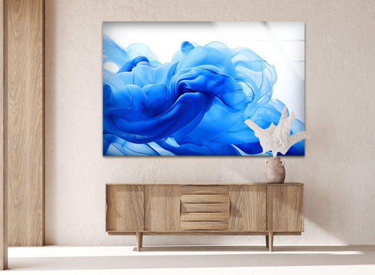 A vibrant abstract blue fractal glass print wall art focal point with organic waves.