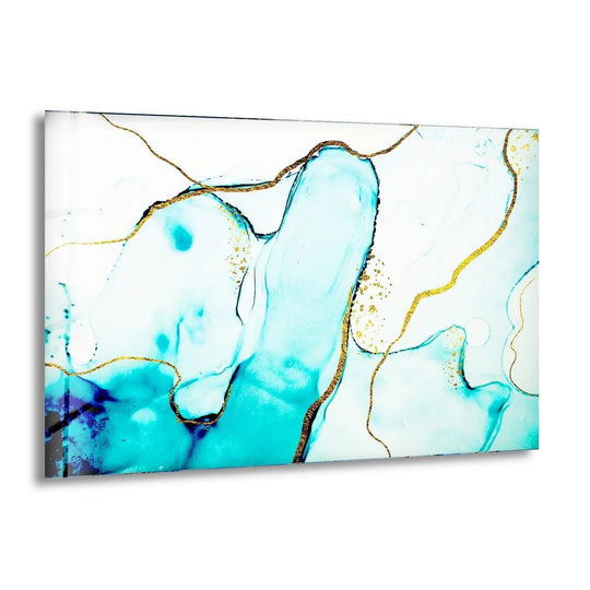 Abstract blue marble glass wall art featuring a unique modern wall decor texture with gold accents.