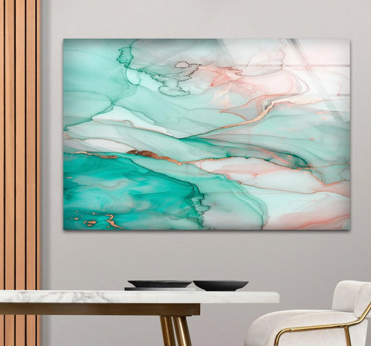 A square hanging wall art piece with swirling abstract marble ink patterns in blues and pinks.