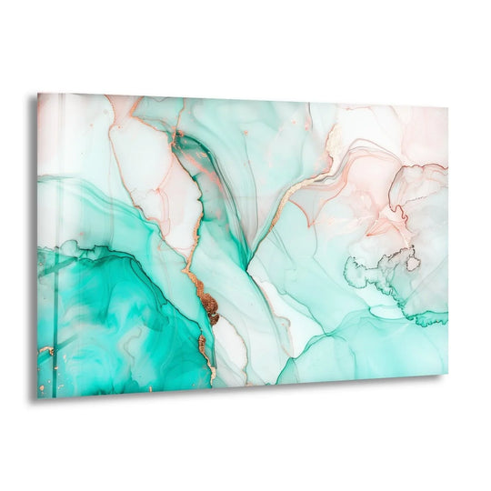 Premium glass art featuring abstract blue marble ink swirls and shimmering gold accents.