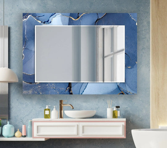 Decorative Wall Mirrors with an abstract blue marble and gold design are stylish artistic home decor featuring UV-printed tempered glass