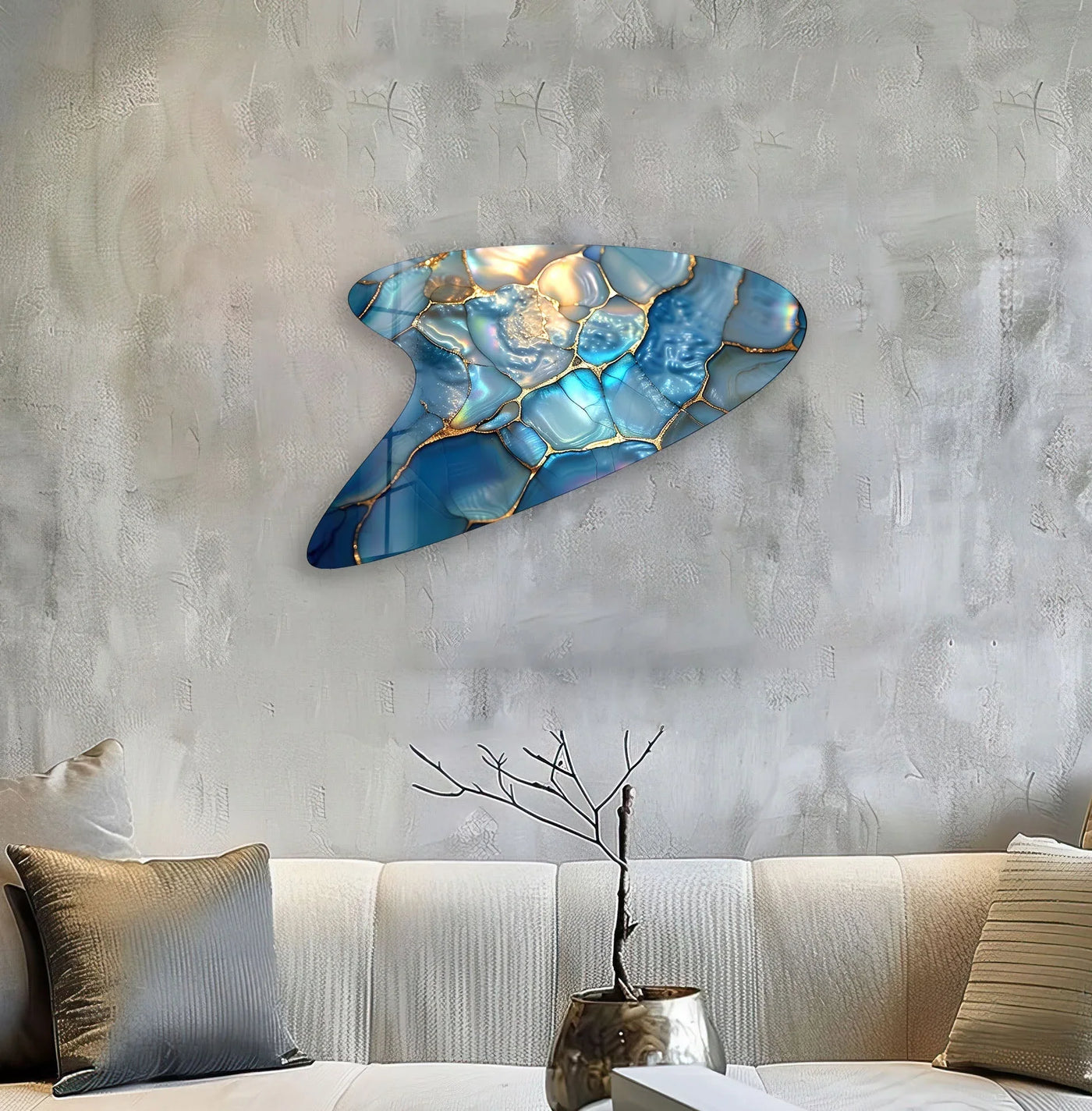 Abstract blue marbled glass wall art decor featuring intricate, layered depths and shimmering gold accents.