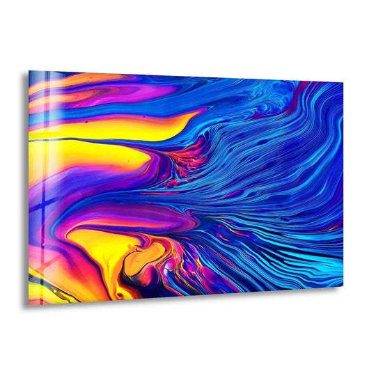 Vibrant abstract art from glass showcases swirling blues and fiery oranges in a dynamic, fluid design.