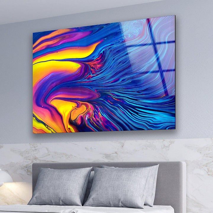 Blue and Orange Abstract Glass Wall Art, custom glass pictures, glass art prints