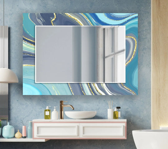 Abstract Blue Bathroom Wall Mirror features blue and gold swirls reflecting a window ideal for elegant coastal decor