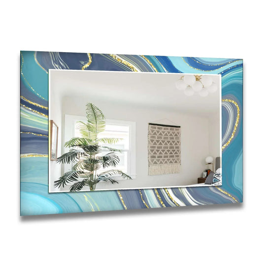 An abstract blue bathroom wall mirror with swirling patterns and shimmering gold lines for an elegant coastal decor look