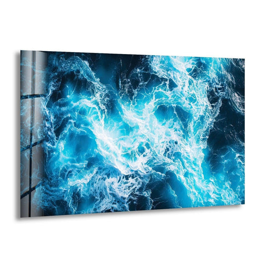 Abstract blue water splash glass wall art, a stunning representation of unique modern wall decor.
