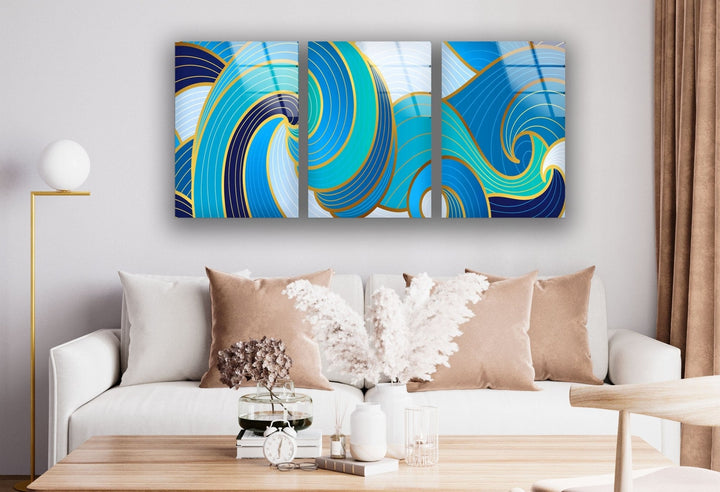 Blue Waves Abstract Glass Wall Art, glass art painting, glass art for the Wall