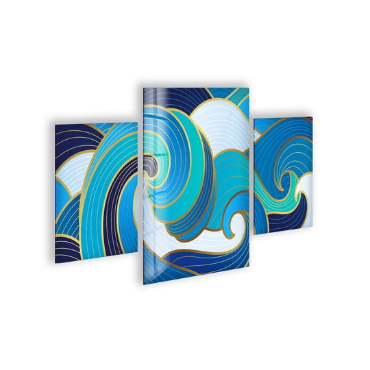 Abstract blue waves glass wall art shows a swirling water motif and shades of blue and gold and makes perfect ocean decor and a three piece design
