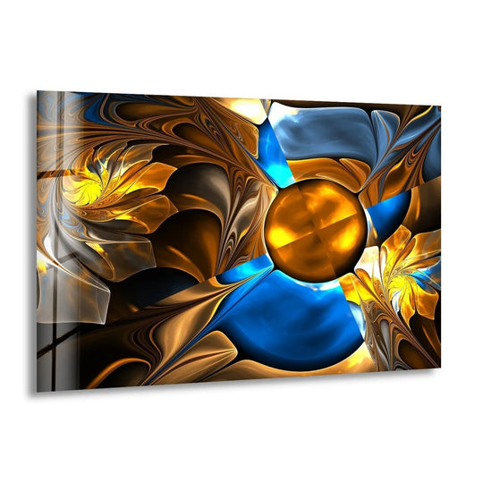 Stunning abstract blue and gold fractal glass wall art prints with a glossy, reflective finish.