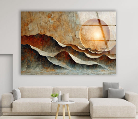 Darkest, textured charcoal and deep crimson hues form the dramatic, abstract landscape on this striking glass art.