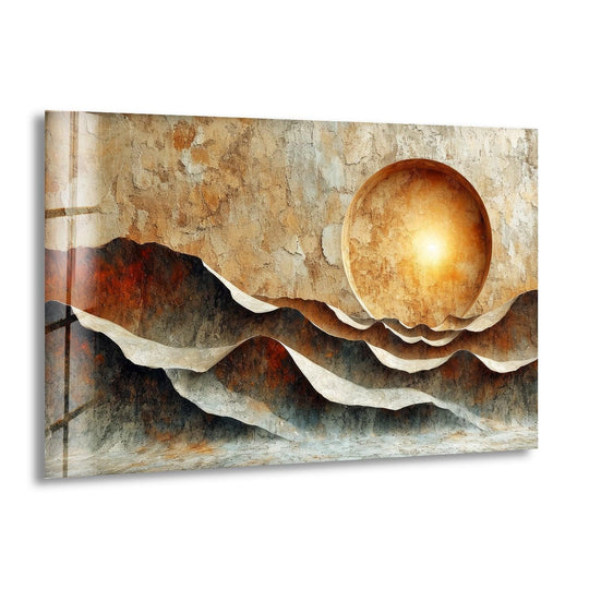 Golden orb shining through a textured abstract mountain range on this hanging wall art.