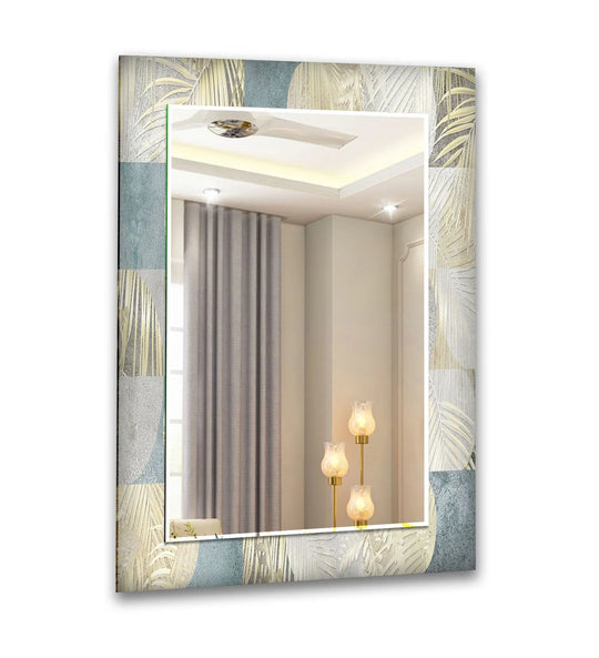Abstract Boheme Design mirror art with a textured frame featuring gold palm leaves and blue patterns