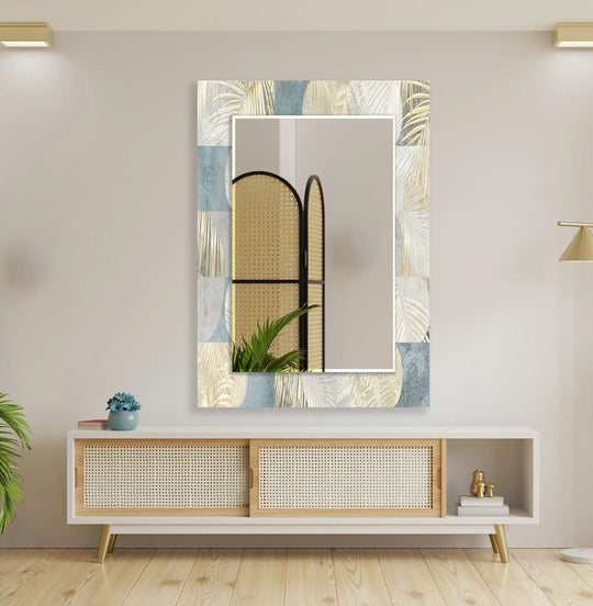 Abstract Boheme Design wall mirror featuring gold botanical motifs and blue grey offers stylish mirror art bold patterns reflecting a room divider