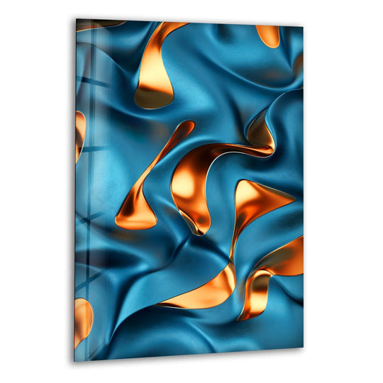 Serene abstract bronze and blue glass wall art captures the stillness of flowing, lustrous fabric, a unique modern wall decor.