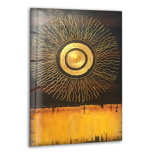 Abstract circle glass wall art showcases a stunning transition from dark tones to vibrant yellow through expressive brushstrokes.