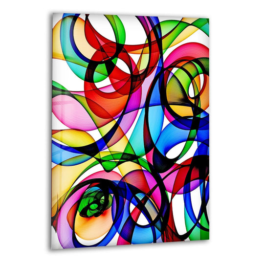Abstract circles glass art features translucent geometric curves in vibrant rainbow hues on a white background.
