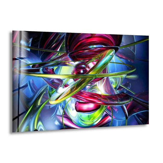 Abstract colored circles glass art featuring intertwined swirls of ruby, emerald, and sapphire.