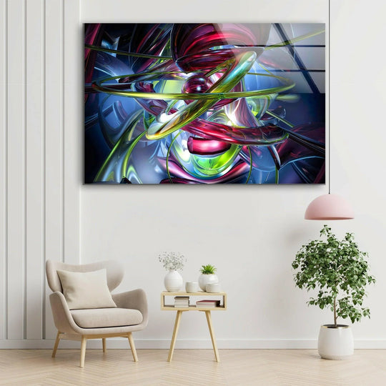 Abstract Colored Circles glass wall art showcases a mesmerizing transition from deep blues to vibrant reds and greens.