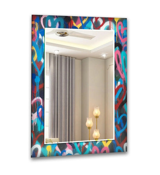 This decorative wall mirror has abstract colored graffiti and urban art decor and it's stained glass for your wall