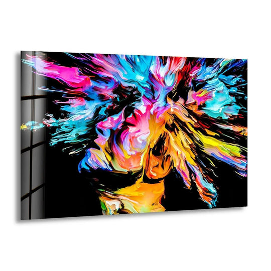 Still abstract colored painting glass wall art prints bursting with vibrant colors on a dark background.