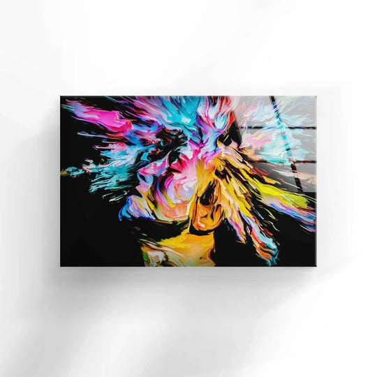 Sleek glass printing with clean edges showcases a vibrant abstract face with explosive colorful paint strokes on a black background.