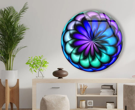 Cool and warm color temperatures contrast in the abstract colored radial shape round glass wall art, showcasing why it's among the best glass art for modern decor.