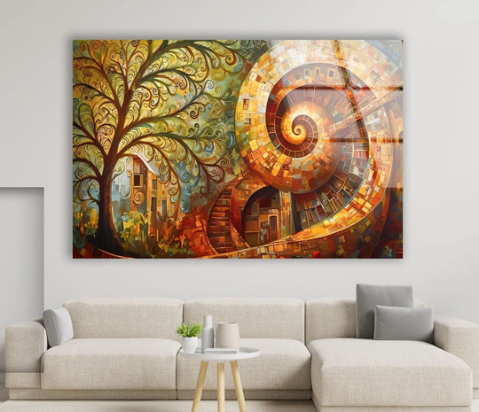 Warm amber tones dominate this art from glass, featuring a mesmerizing abstract spiral beside a stylized tree and architecture.