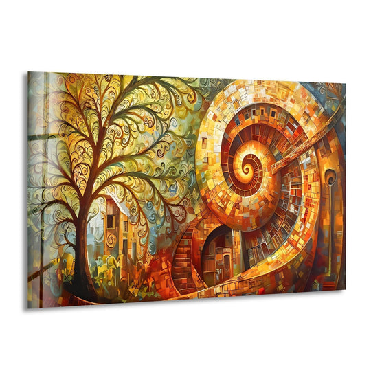Abstract colored spiral home decor on tempered glass features a swirling vortex of warm hues against a tree with ornate branches.