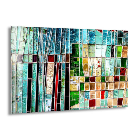 Abstract glass wall art showcases a colorful mosaic and tempered glass material with a glossy finish