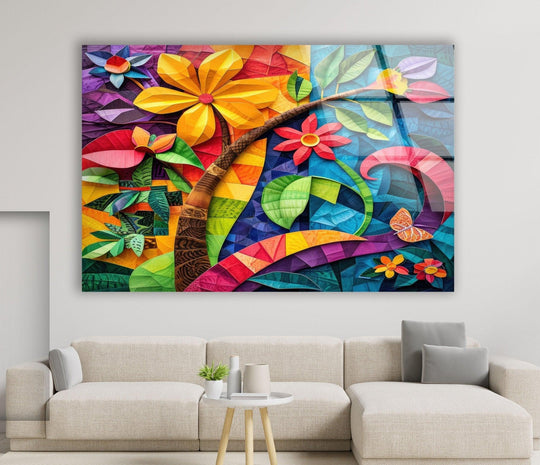 Vibrantly saturated abstract flowers burst with prismatic color in this stunning glass art piece.