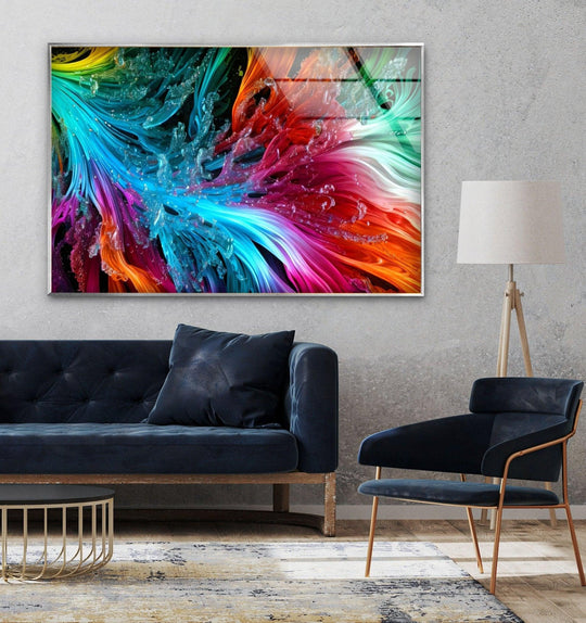 Abstract colorful glass wall art features intensely saturated neon blues, fiery oranges, and vibrant pinks in a dynamic home decor design.