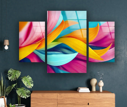 The vibrant abstract colorful leaves glass wall art features a glossy finish and offers a durable design and perfect contemporary art appeal