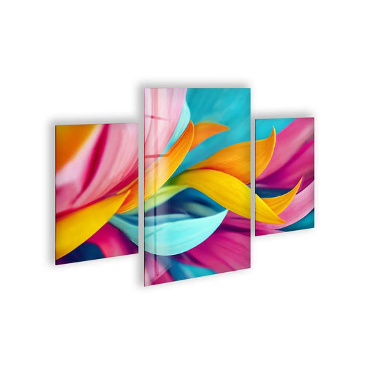 The colorful abstract leaves are a three piece glass wall art set and a vibrant leaves wall decor ideal for contemporary interiors