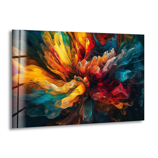 The edge of this abstract colorful liquid glass wall art displays subtle reflections against its polished borders.