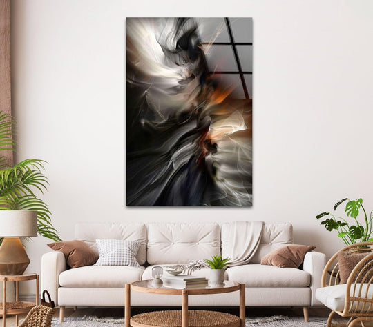 Framed abstract colorful marble art from glass with sleek, defined edges and borders in a modern living room setting.