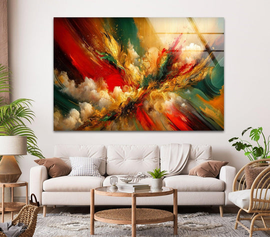 A modern living room featuring a vibrant abstract glass wall art with a white tufted sofa and rattan chair.