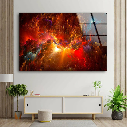 A vibrant, fiery abstract space nebula rendered in stunning realistic detail as a piece of hanging wall art.