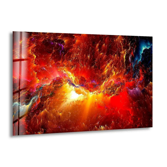 Fiery reds and oranges burst with striking contrast against deep blues in this abstract glass wall art.