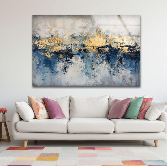 Abstract gold and navy blue textures on this best glass art create a sophisticated focal point.