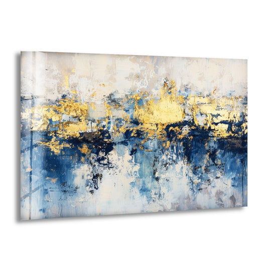 Organic forms of navy and gold blend across unique modern wall decor.
