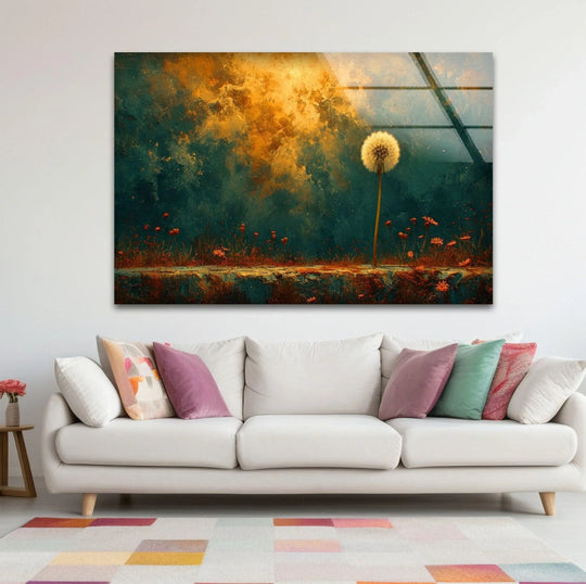 Dominant colors of emerald green and golden yellow in this abstract dandelion glass art painting.