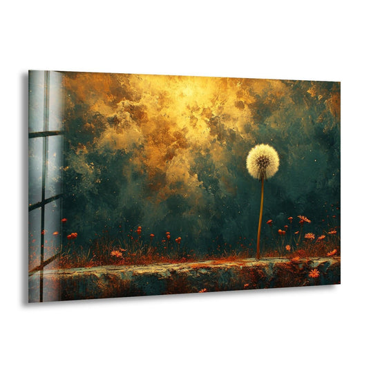 A solitary dandelion is bathed in warm, golden light against a dramatic, cool-toned abstract background on this stunning hanging wall art.