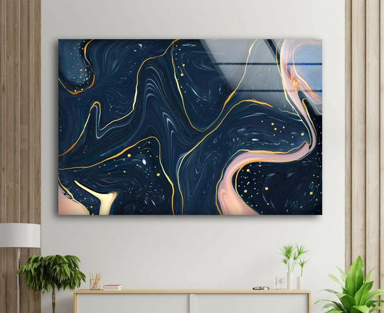 Shimmering gold and pale pink marbling highlights this striking abstract dark blue glass wall art, a vibrant addition to any space.