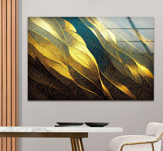 A close-up captures the brightest golden veins of this unique modern wall decor glass art piece.