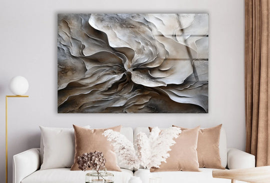 Abstract embossed painting glass wall art features undulating layers with a central geometric focus, offering best glass art.