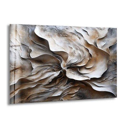 Abstract embossed painting glass wall artwork features a textured neutral background with subtle earth tones and grays.