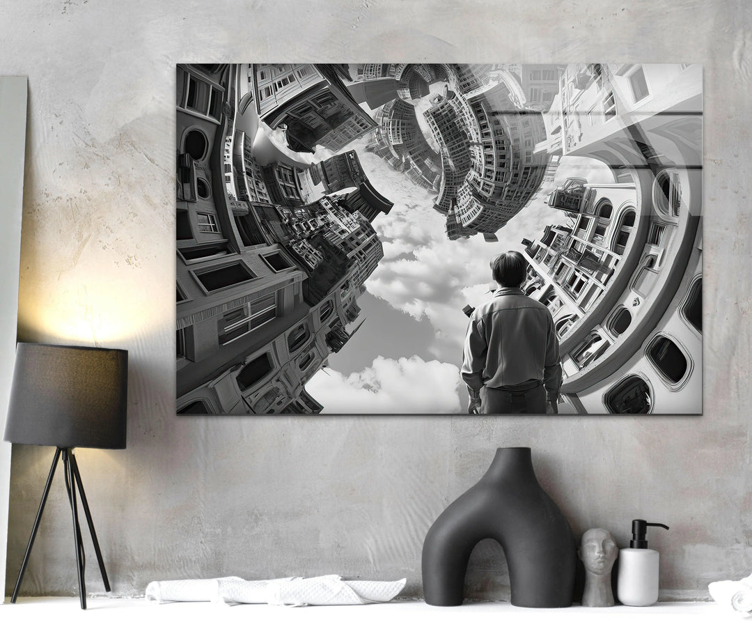 Distorted architectural skyline forming a circular illusion around a viewer.