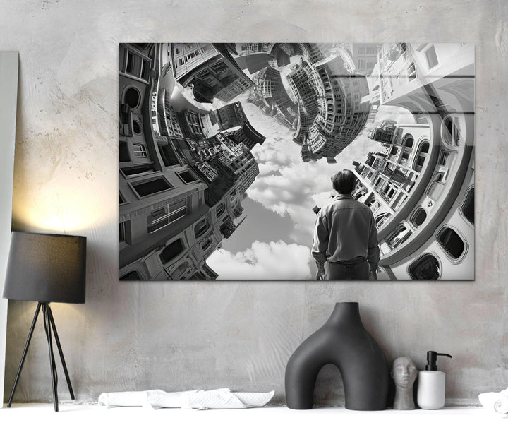 Distorted architectural skyline forming a circular illusion around a viewer.